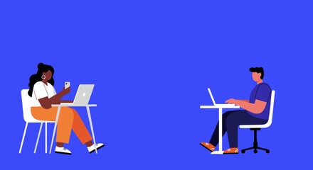 Diverse individuals working remotely on laptops and smartphones, illustrating productivity, digital communication, and online collaboration in a modern flat design.