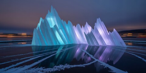 Illuminated ice sculpture reflecting on frozen lake at dusk displaying vibrant blue and purple hues creating a dramatic and evocative scene