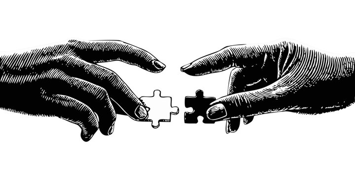 Two hands carefully connecting puzzle pieces in a symbolic representation of collaboration and problem solving