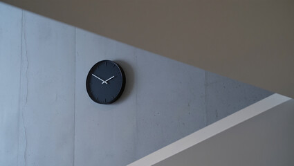 Black wall clock mounted on a textured concrete wall with diagonal light