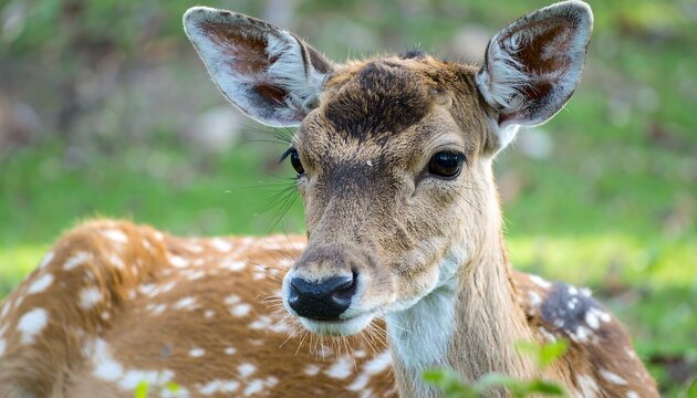 Close-up of a resting deer in a lush green setting - Powered by Adobe