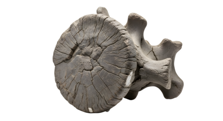 Fossilized vertebra isolated on transparent background, showcasing intricate bone structure and texture, a relic of prehistoric life and ancient history