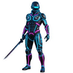 Futuristic warrior with katana isolated on transparent background, 3d rendering