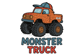 Monster truck with oversized tires and vibrant colors showcased on a playful background during a fun event