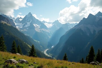 Fototapeta premium Beautiful view from top of mountain pass. Alps, Europe.