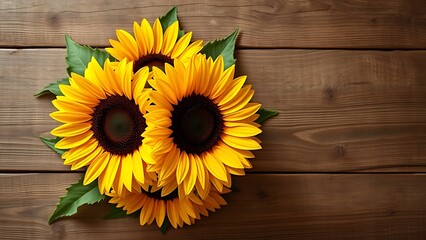Sunflower bouquet on a rustic wooden surface with warm directional lighting.