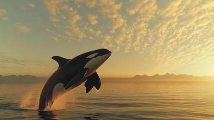 Orca whale breaching ocean surface at sunset with mountain backdrop killer whale photo