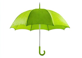 A vibrant green umbrella, glistening with raindrops, stands out against a pure white backdrop.