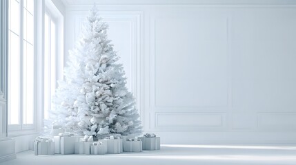 Elegant minimalist white Christmas tree with a subtle present on a pristine interior background crafted as a web banner with generous text space and enhanced by cutting-edge generative ai design.