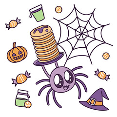 Cute SVG of a Joyful Spider in Spooky Fun colors, featuring balancing a stack of pancakes in a Halloween setting