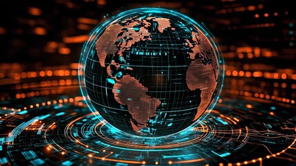 A glowing globe with a blue and orange background. The globe is surrounded by a circle of lights - Powered by Adobe