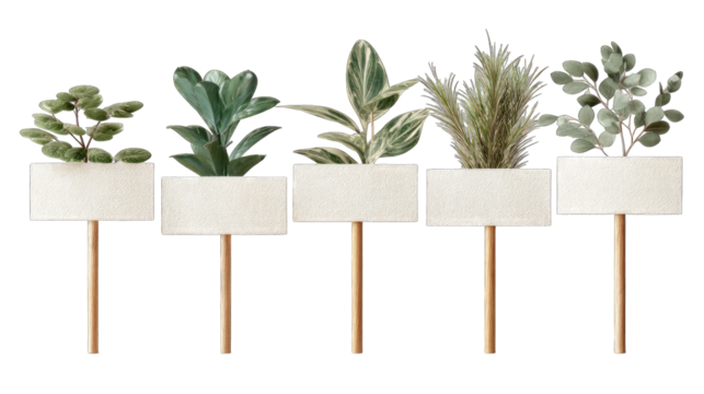 Five plant markers with blank signs