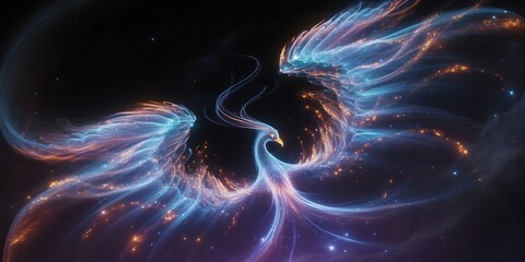 Majestic cosmic phoenix rising from celestial nebulae with glowing blue and orange colors against a dark space background