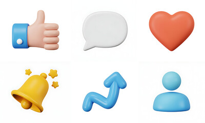 Collection of 3d social media icons including thumbs up speech bubble heart bell graph and user profile