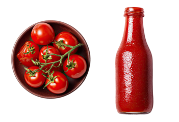Fresh tomatoes and a bottle of tomato sauce