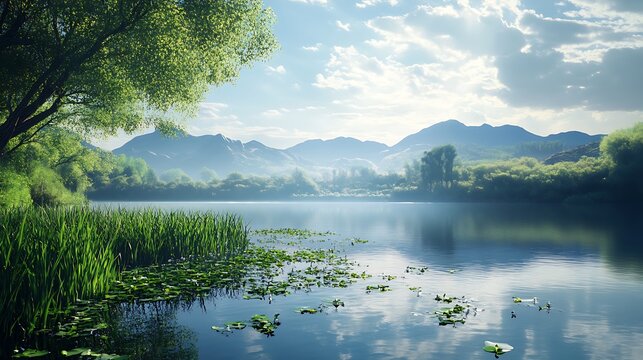 Peaceful Lake Surrounded by Misty Mountains and Lush Greenery water reflection photo