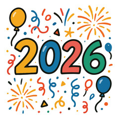 2026 Party Typography Illustration with Balloons and Confetti in Hand Drawn Doodle Style