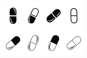 Capsule icons set, medicine and pills vector silhouettes illustration. various colors white background.