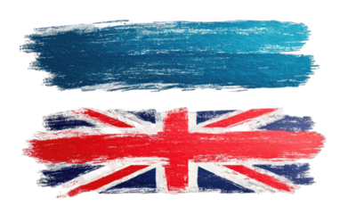 Two painted flag shapes, upper teal, lower British