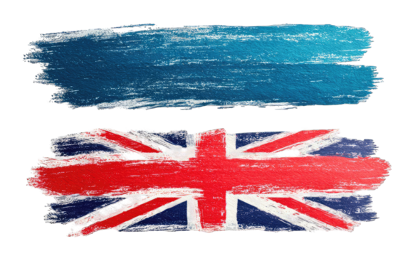Two painted flag shapes, upper teal, lower British