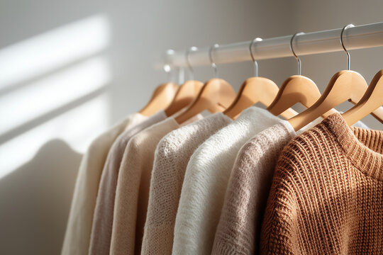 Perfectly curated wardrobe showcase features collection of earth-tone knitwear neatly arranged on natural wooden hangers with soft lighting highlighting texture and copy space