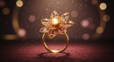 Elegant Gold Ring with Flower Design and Gemstones.
