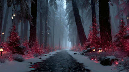 Magical forest path lined with glowing christmas trees red gift boxes and twinkling star shaped snowflakes