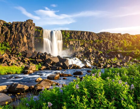Waterfall cascading down basalt cliffs