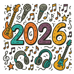 2026 Typography Illustration with Guitars and Notes in Playful Hand Drawn Doodle Style