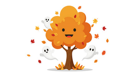 A cheerful autumn tree with a smiling face surrounded by cute friendly ghosts and falling leaves for a festive Halloween celebration