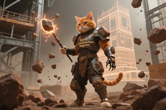 A fantasy cat warrior labeled 'Earth Construction Magician' wields a magical staff amidst a construction site with floating rocks.