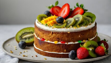 Close-Up of Tropical Fruit Cake with Kiwi, Strawberry, Mango and Blueberry Dessert