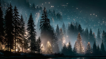 Magical forest with Christmas trees and glowing lights and starlight