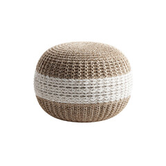 Fototapeta premium Knitted Beige and White Round Pouf Ottoman, Modern Home Decor