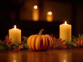 Vibrant orange pumpkin surrounded by autumn leaves and glowing candles creates a warm, inviting atmosphere perfect for seasonal celebrations and festive decor ideas
