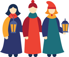 Three stylized figures in colorful robes holding lanterns in a flat vector illustration