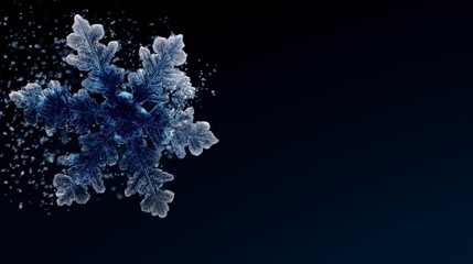 Detailed macro snowflake with smaller ice crystals against a dark blue background