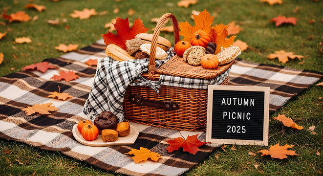 Autumn picnic 2025 with wicker basket plaid blanket cookies muffins mini pumpkins on grass, fallen leaves, cozy outdoor scene - Powered by Adobe