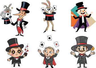 Cartoon Magician, Magic Tricks, Hat, Playing Cards, Rabbit, Illusionist, Stage Performance, Fun Characters, Digital Art, Card Tricks, Magic Show, Wizard, Kids Entertainment