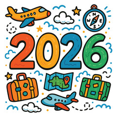 2026 Typography Illustration with Airplanes and Suitcases in Playful Hand Drawn Doodle Style