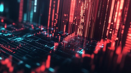 Red and blue digital data streams with glowing vertical lines and circuit patterns photo
