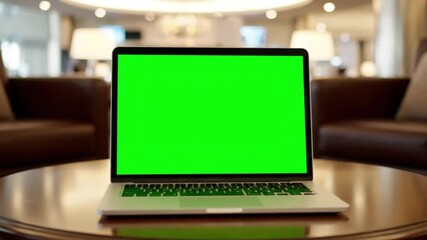 Laptop with green screen on coffee table in airport VIP lounge.
- Powered by Adobe