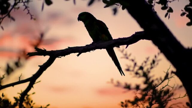 Parrots silhouette sunset treetops