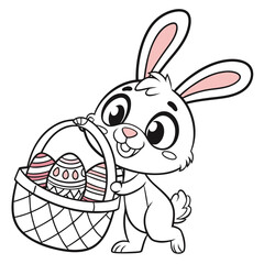 Easter bunny holding decorated eggs, kawaii coloring outline