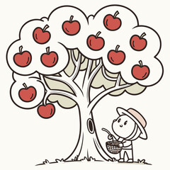 Cartoon style tree with apples, kawaii coloring book illustration