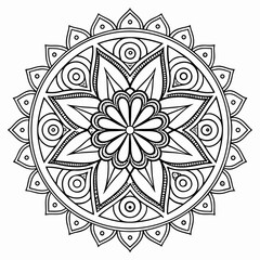 Intricate circular mandala pattern, black and white outline, detailed adult coloring page.