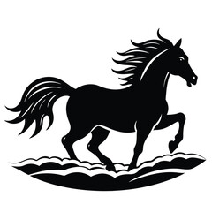 Adobe Ill Horse Head Silhouette - Stylized Cut Out Vector Constrictor Artwork Ultra-detailed white stallion galloping through shallow turquoise surf, splashes sparkling under golden sunset light, blur