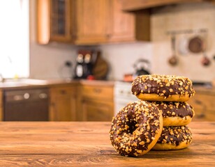 Chocolate-covered donuts stacked in a cozy kitchen