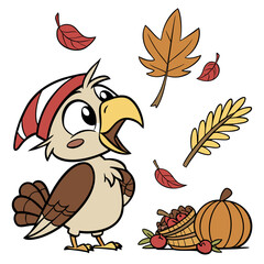 Harvest Blessings themed SVG: Amused Griffin with with a giant leaf in a Thanksgiving environment