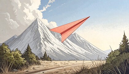 Red paper airplane over snowy mountains